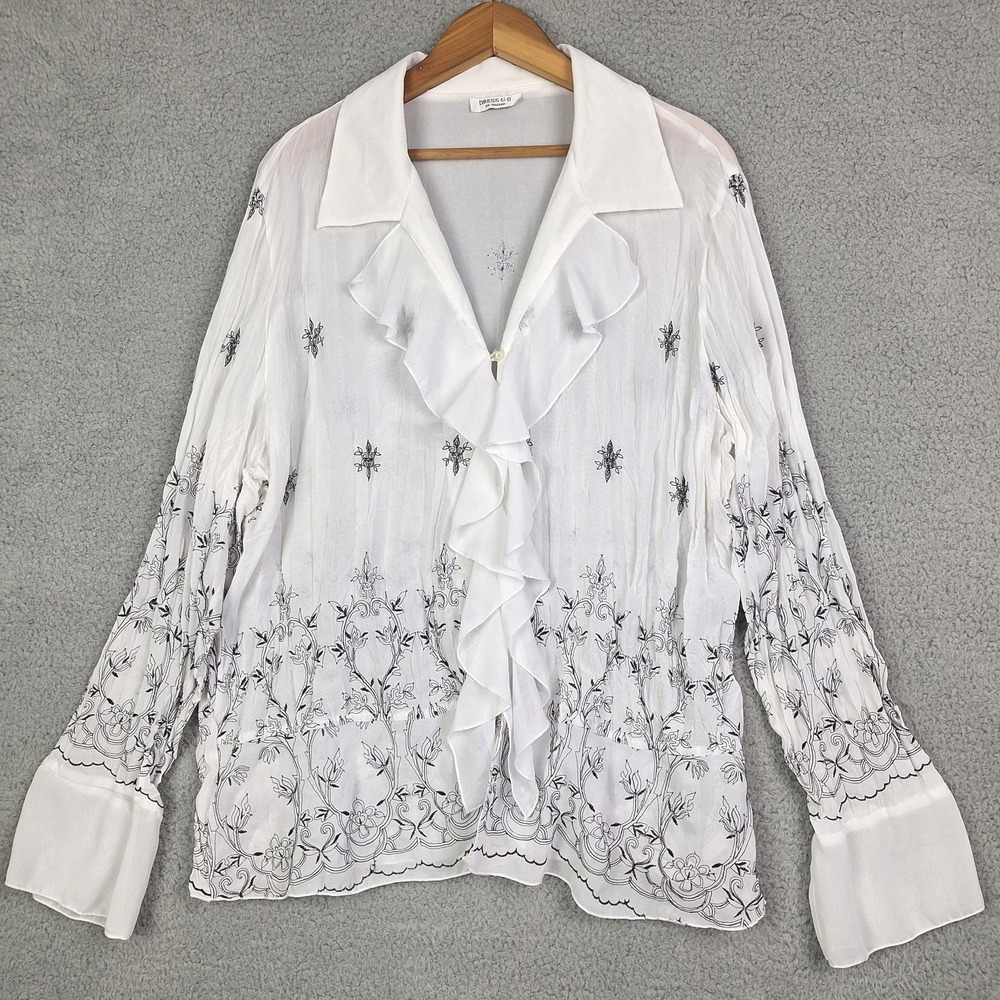 Dress-U-II by Sharon Blouse Womens 1X‎ White Embroidered Ruffle Boho Artsy